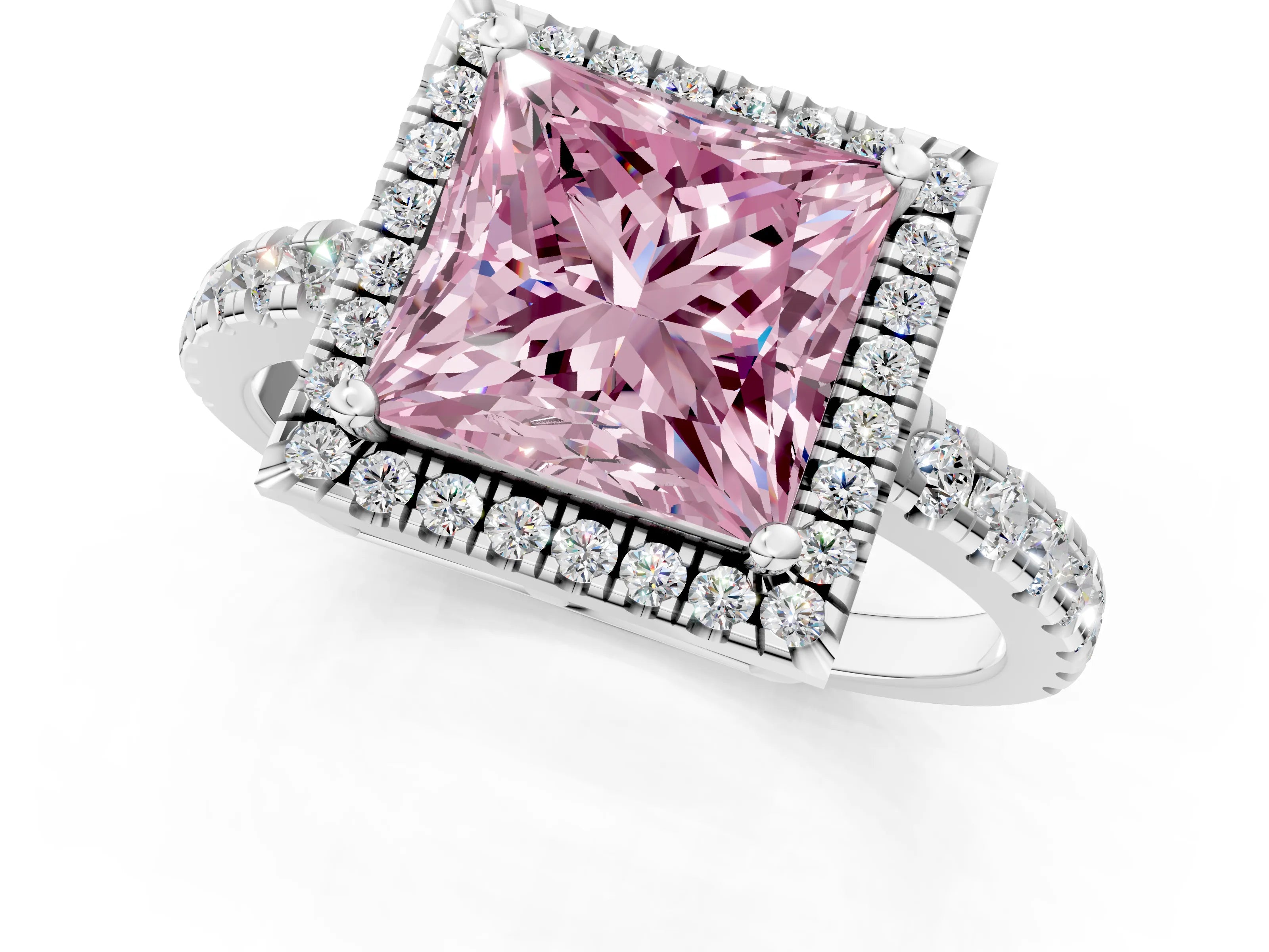 White gold Fancy Pink Princess Cut Diamond Halo Ring with Pavé Band and Four-Prong Setting_13