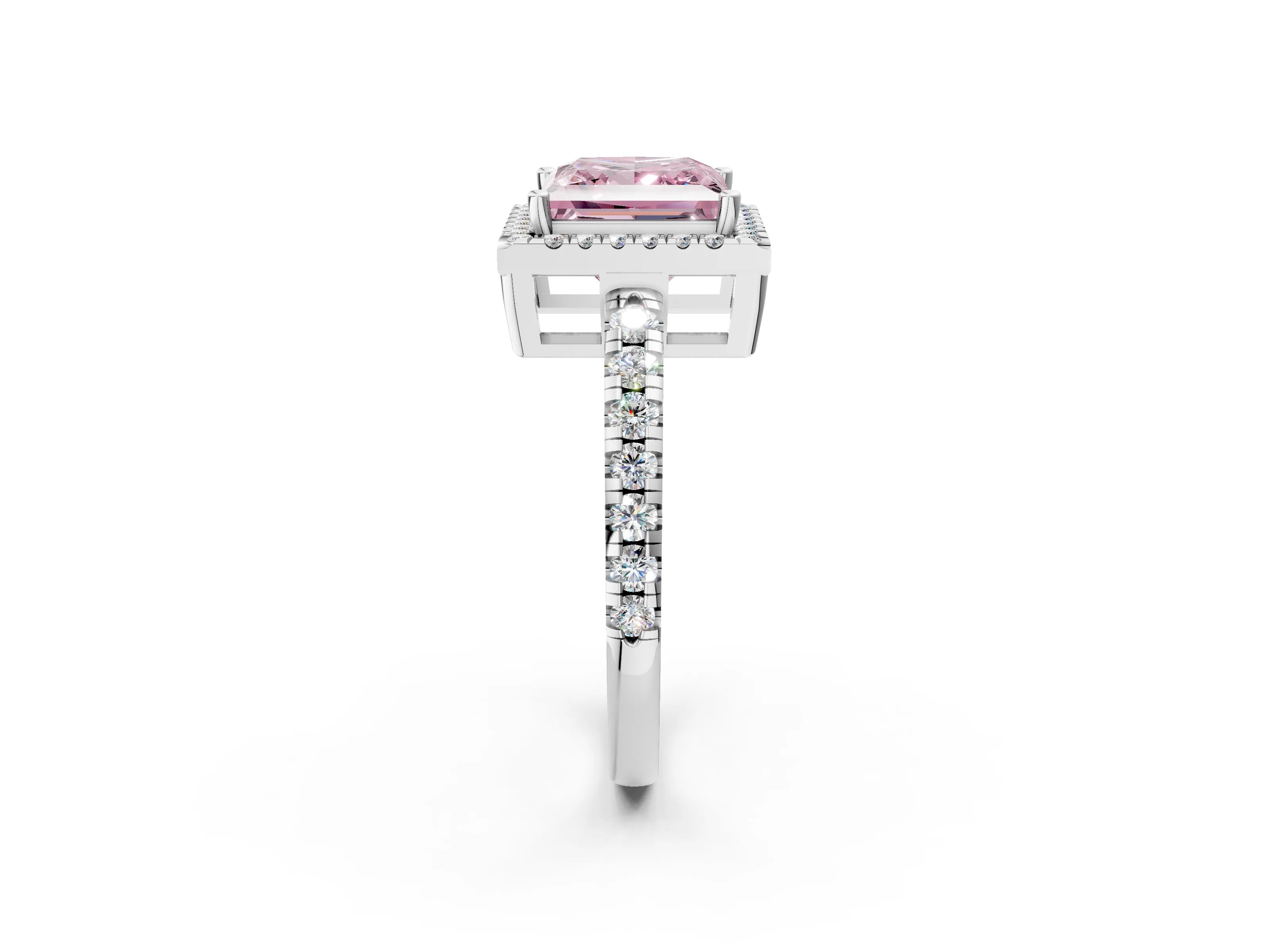 White gold Fancy Pink Princess Cut Diamond Halo Ring with Pavé Band and Four-Prong Setting_14