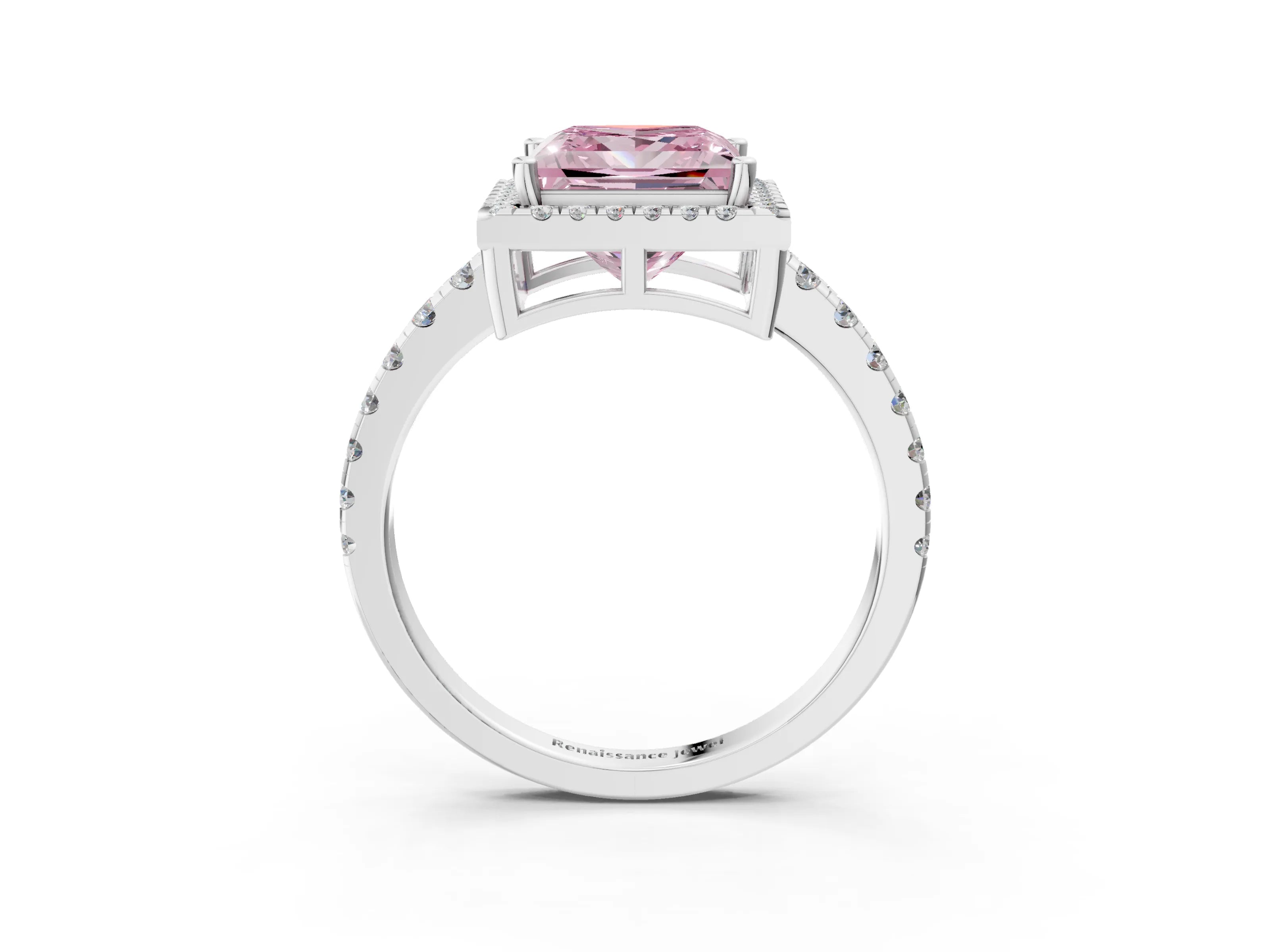 White gold Fancy Pink Princess Cut Diamond Halo Ring with Pavé Band and Four-Prong Setting_15