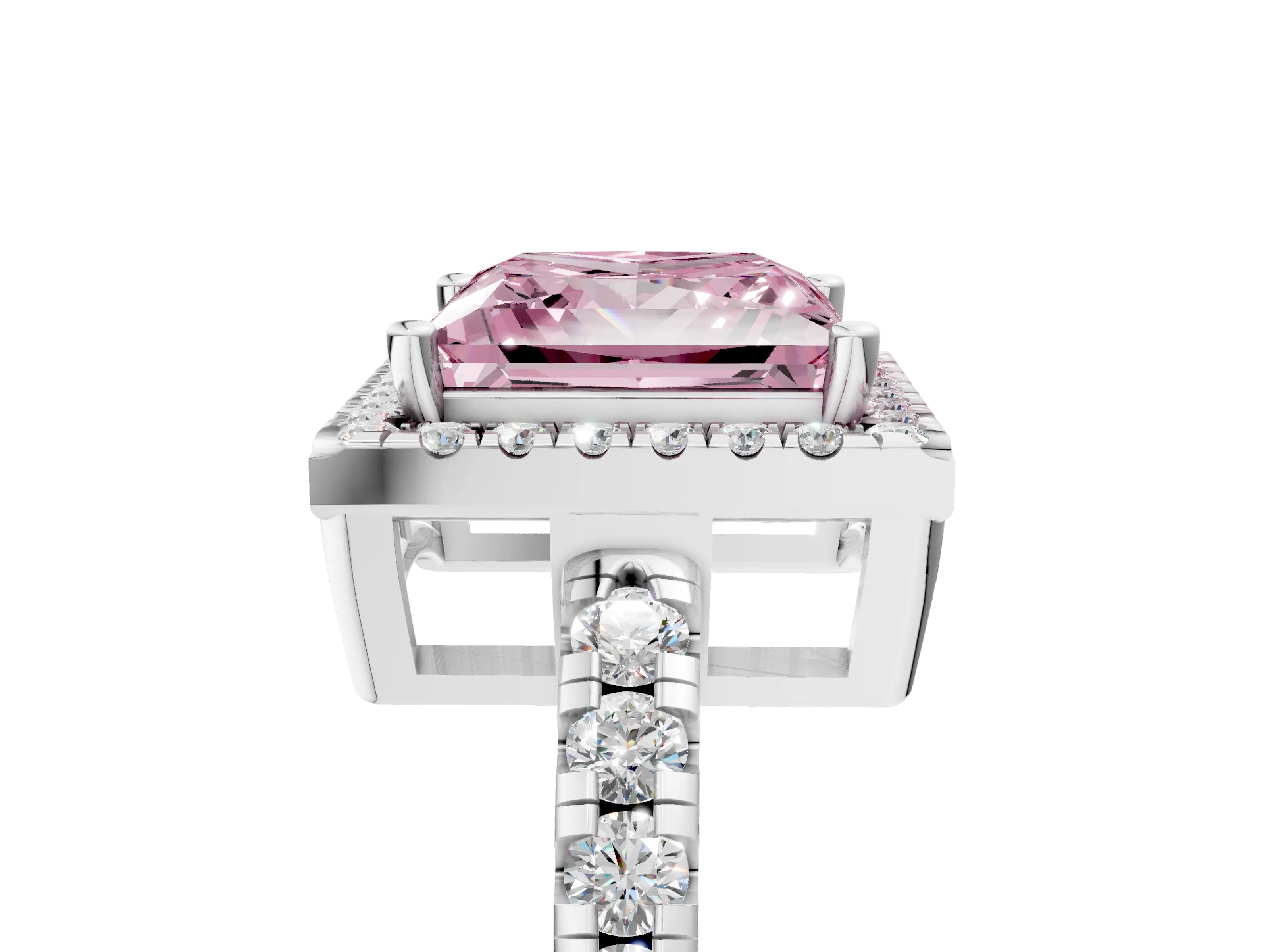 White gold Fancy Pink Princess Cut Diamond Halo Ring with Pavé Band and Four-Prong Setting_17