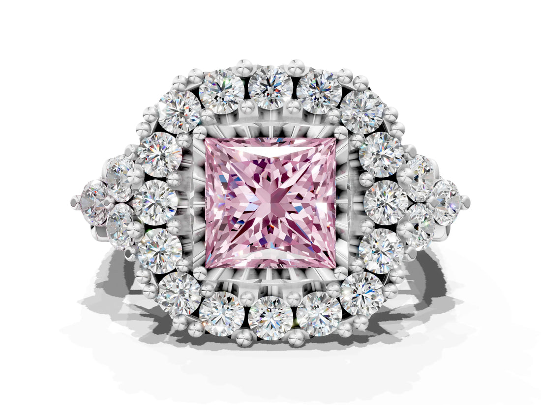 White gold Fancy Pink Princess Cut Diamond Halo Ring with Pavé Band and Four-Prong Setting_29