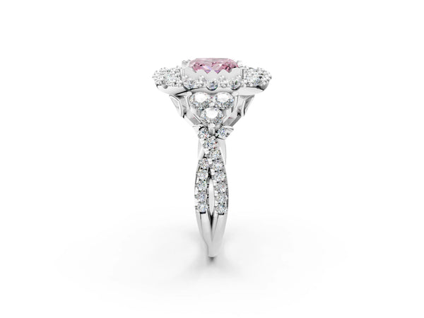 Platinum Princess Cut Halo Crossover Pave Engagement Ring Setting for Fancy Pink Center