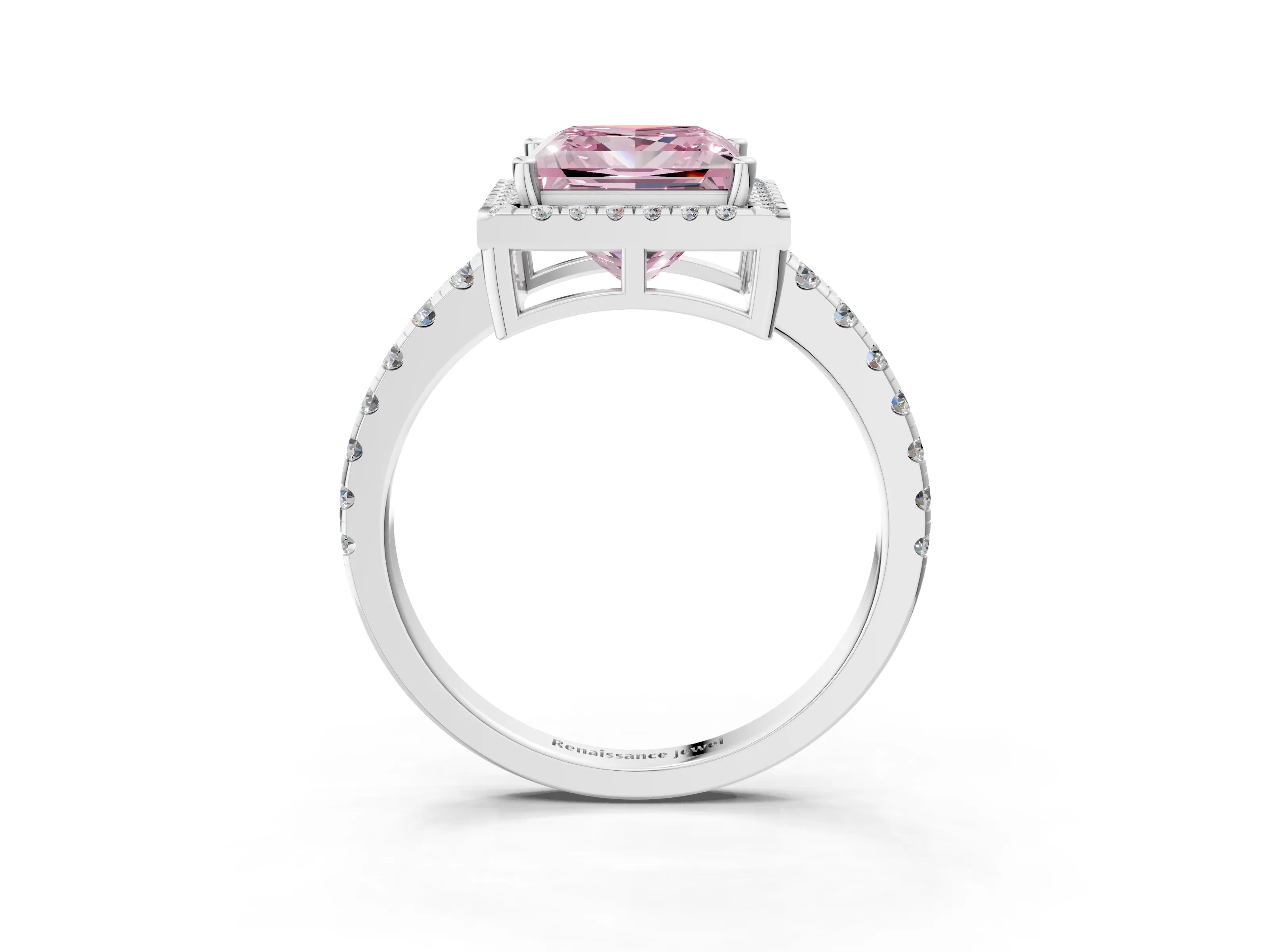 White gold Fancy Pink Princess Cut Diamond Halo Ring with Pavé Band and Four-Prong Setting_3
