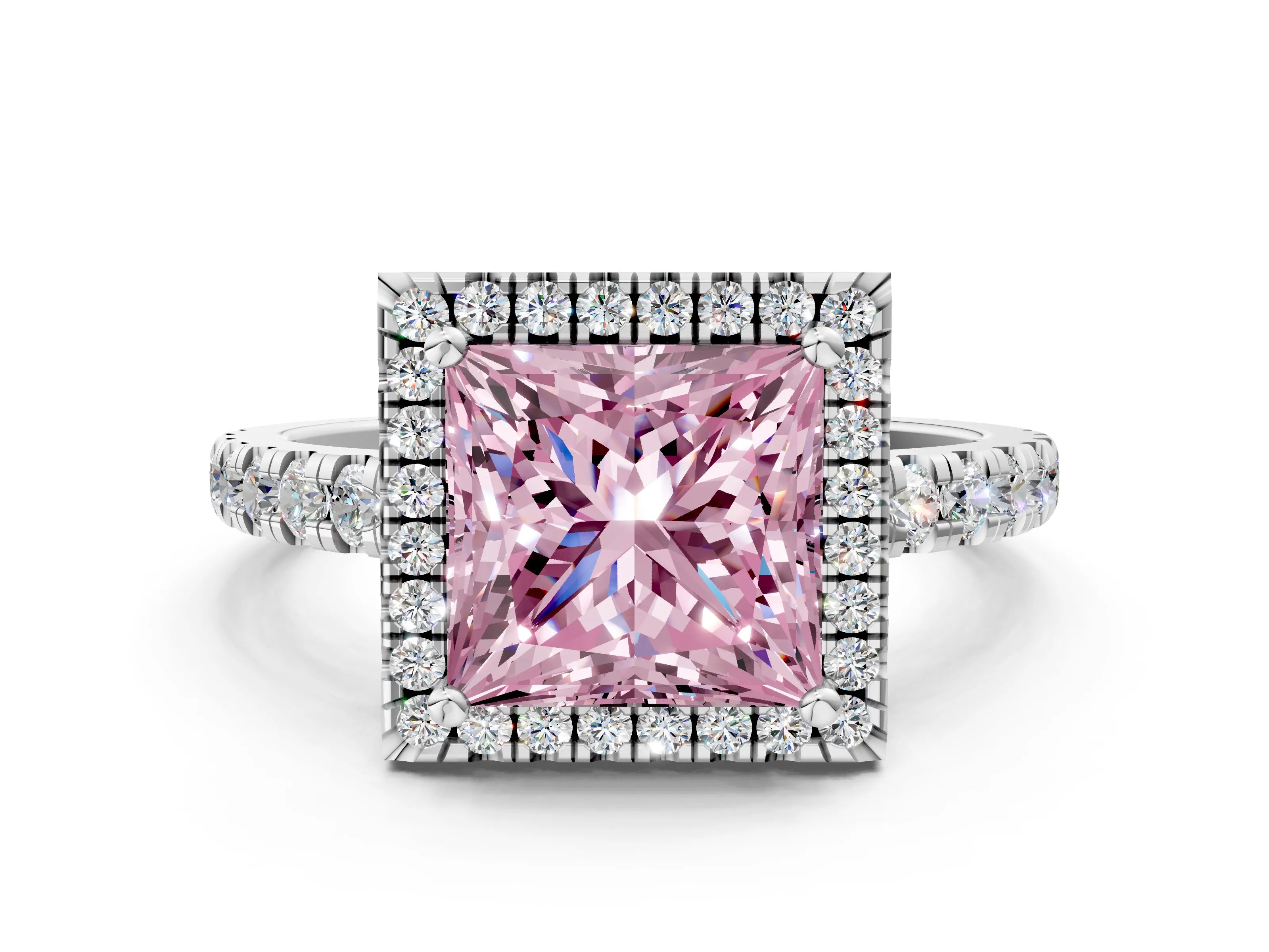 White gold Fancy Pink Princess Cut Diamond Halo Ring with Pavé Band and Four-Prong Setting