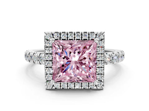 White gold Fancy Pink Princess Cut Diamond Halo Ring with Pavé Band and Four-Prong Setting