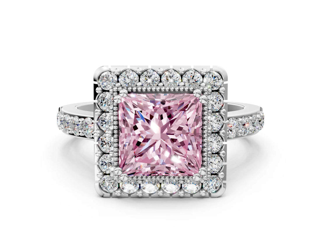 White gold Fancy Pink Princess Cut Diamond Halo Ring with Pavé Band and Prong Setting_12