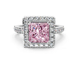 White gold Fancy Pink Princess Cut Diamond Halo Ring with Pavé Band and Prong Setting_12