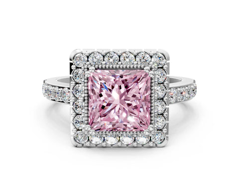 White gold Fancy Pink Princess Cut Diamond Halo Ring with Pavé Band and Prong Setting_12