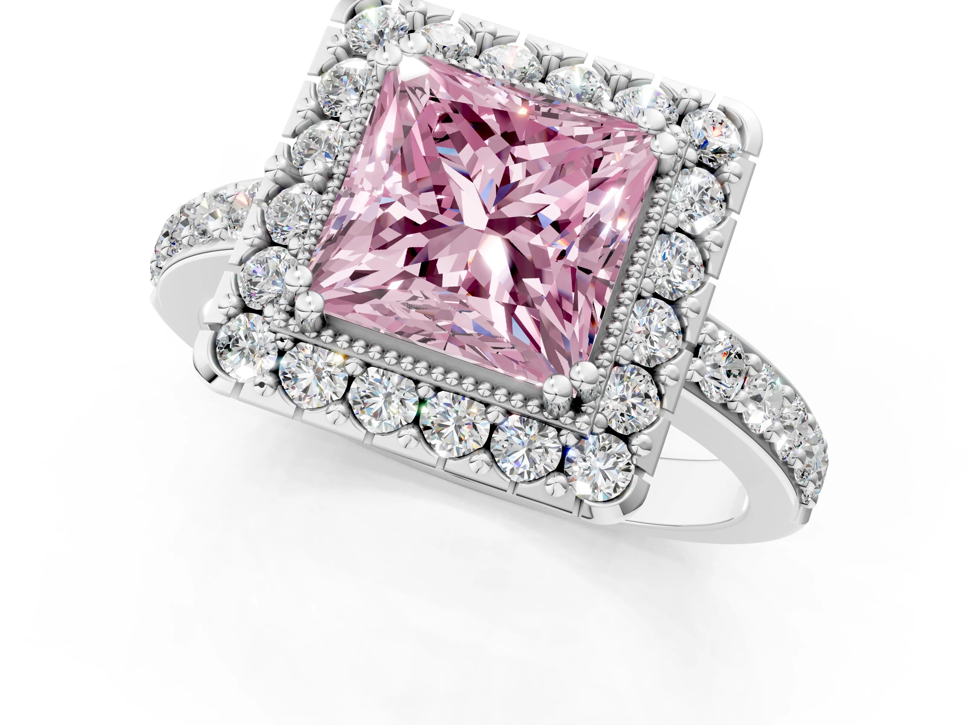 White gold Fancy Pink Princess Cut Diamond Halo Ring with Pavé Band and Prong Setting_13