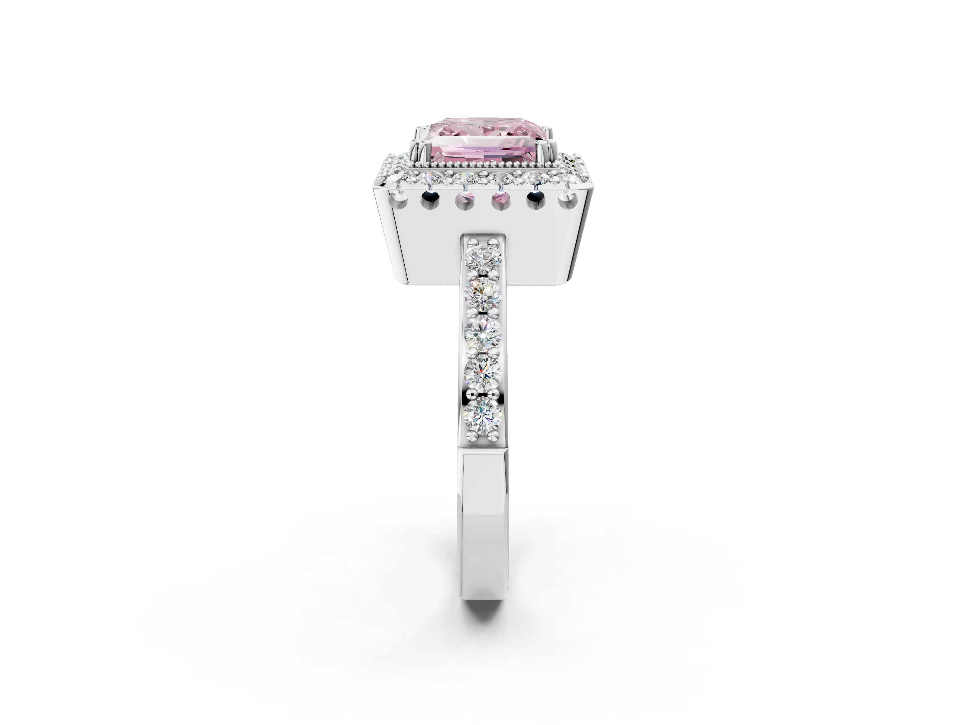 White gold Fancy Pink Princess Cut Diamond Halo Ring with Pavé Band and Prong Setting_14