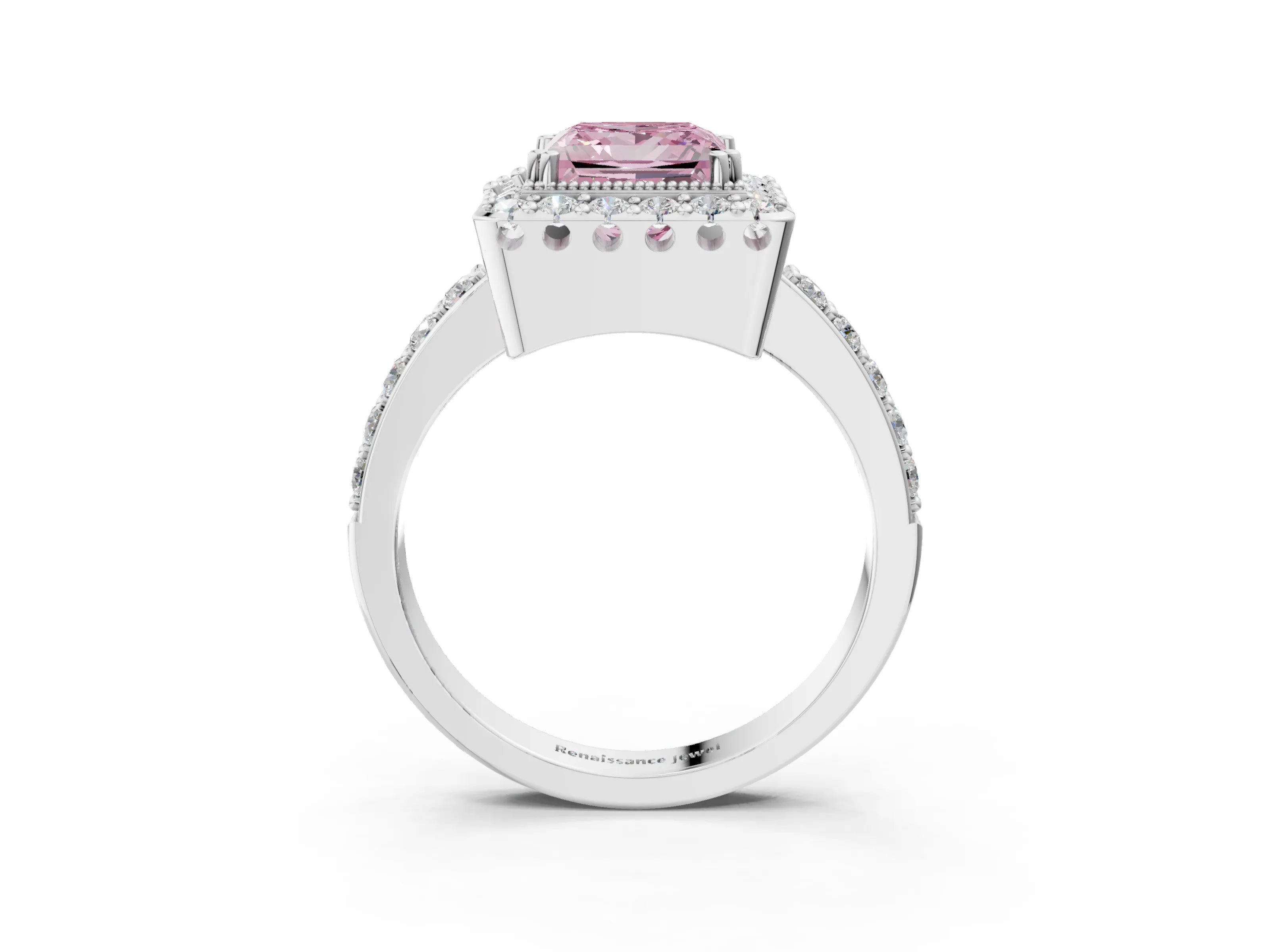 White gold Fancy Pink Princess Cut Diamond Halo Ring with Pavé Band and Prong Setting_15