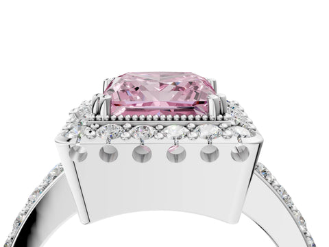 White gold Fancy Pink Princess Cut Diamond Halo Ring with Pavé Band and Prong Setting_16