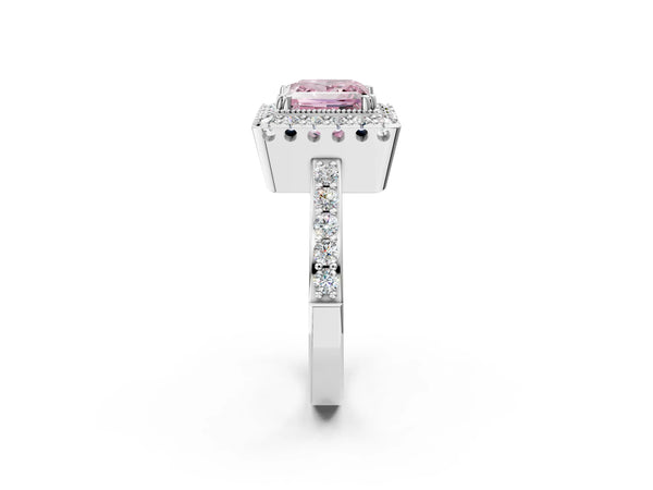 White gold Fancy Pink Princess Cut Diamond Halo Ring with Pavé Band and Prong Setting