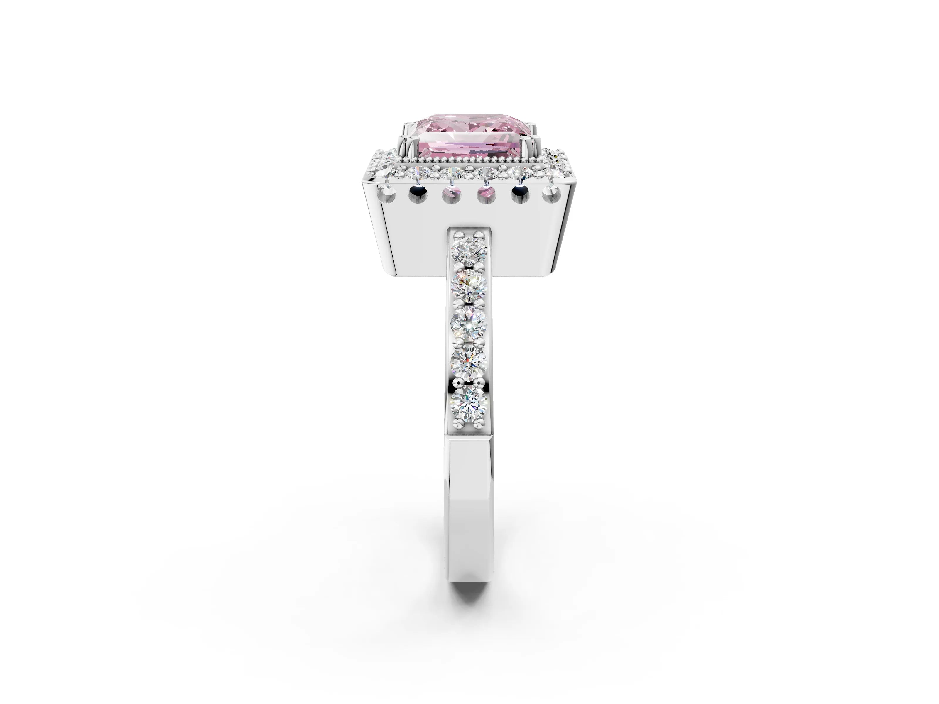 White gold Fancy Pink Princess Cut Diamond Halo Ring with Pavé Band and Prong Setting_2