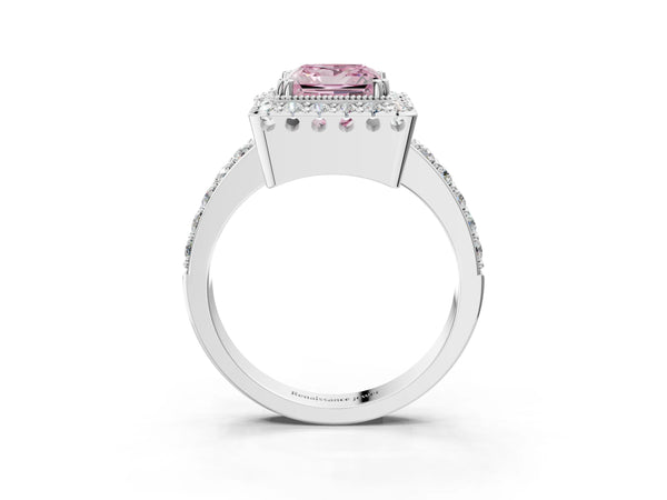 White gold Fancy Pink Princess Cut Diamond Halo Ring with Pavé Band and Prong Setting