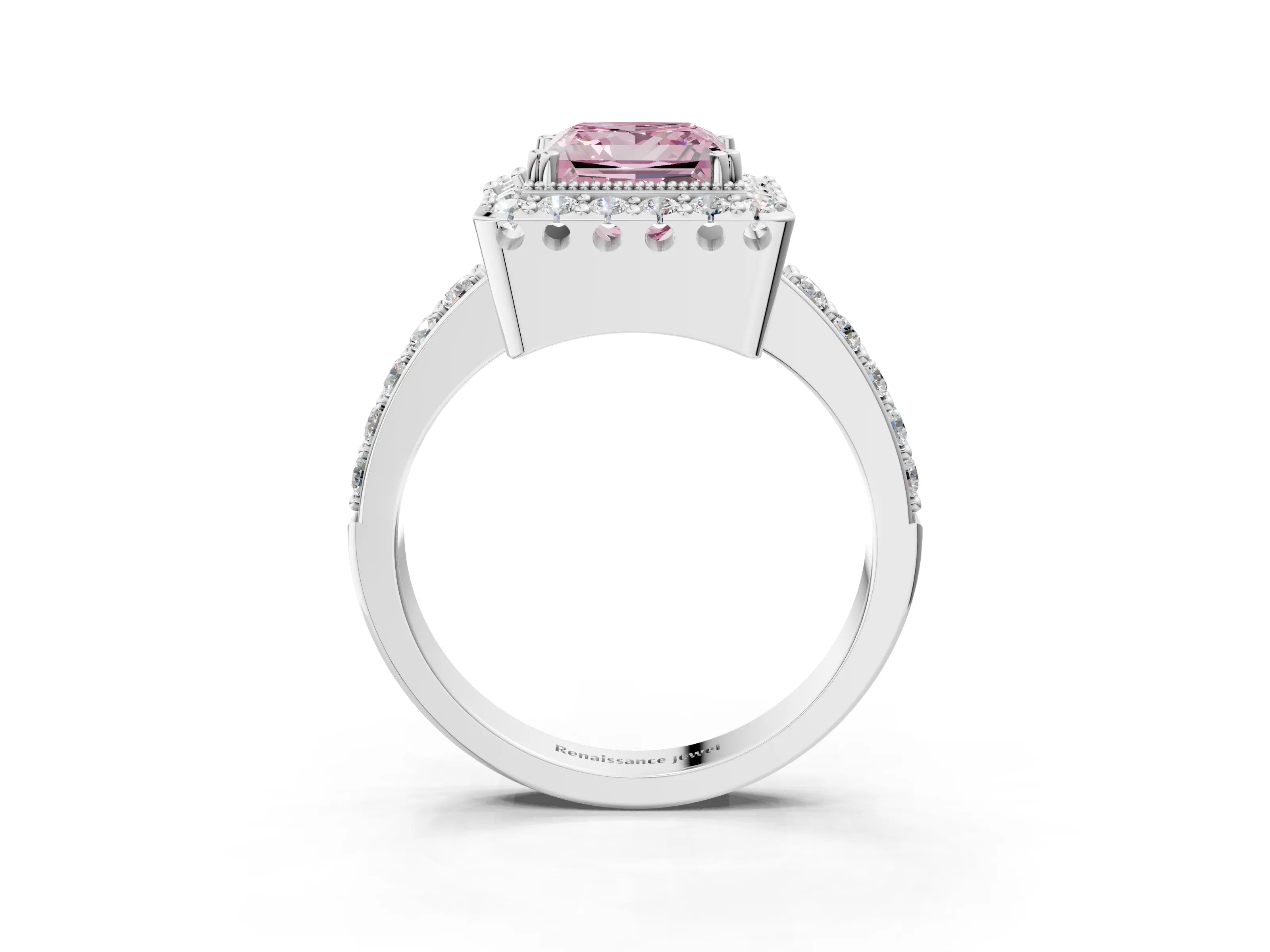 White gold Fancy Pink Princess Cut Diamond Halo Ring with Pavé Band and Prong Setting_3