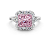 White gold Fancy Pink Princess Cut Diamond Halo Ring with Pear Side Stones and Prong Setting_41