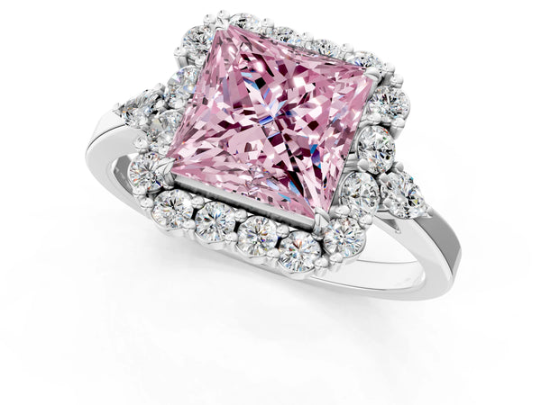 Platinum Princess Cut Halo Engagement Ring Setting for Fancy Pink Center with Pear Accents