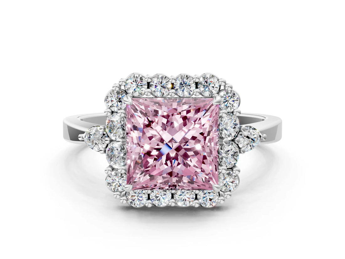 White gold Fancy Pink Princess Cut Diamond Halo Ring with Pear Side Stones and Prong Setting_46