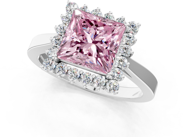 White gold Fancy Pink Princess  Cut Diamond Halo Ring with Round Brilliant Halo and Solitaire Band