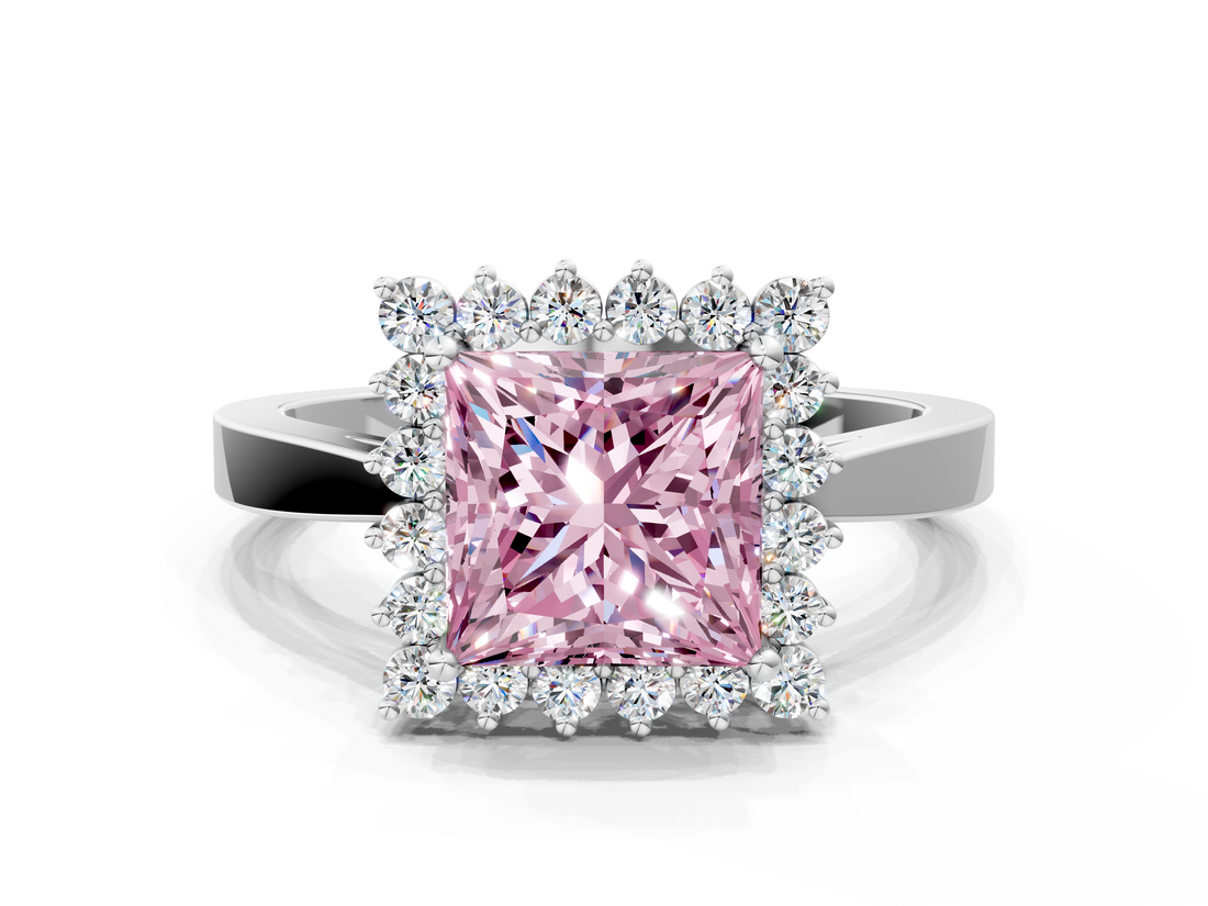 White gold Fancy Pink Princess  Cut Diamond Halo Ring with Round Brilliant Halo and Solitaire Band