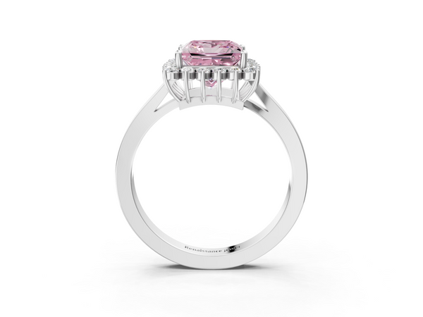 White gold Fancy Pink Princess  Cut Diamond Halo Ring with Round Brilliant Halo and Solitaire Band