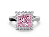 White gold Fancy Pink Princess  Cut Diamond Halo Ring with Round Brilliant Halo and Solitaire Band