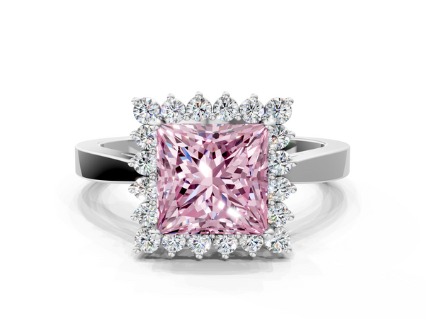 White gold Fancy Pink Princess  Cut Diamond Halo Ring with Round Brilliant Halo and Solitaire Band