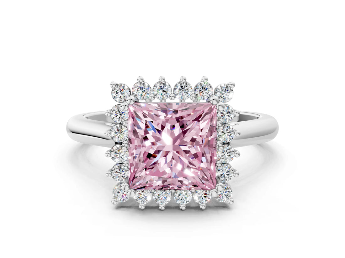 White gold Fancy Pink Princess  Cut Diamond Halo Ring with Solitaire Band and Prong Setting_29