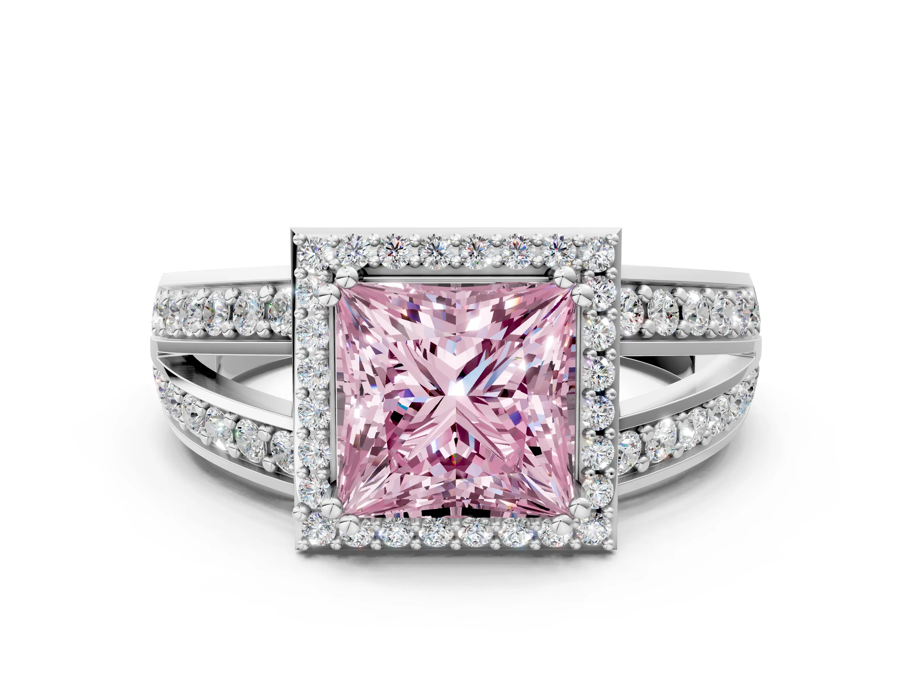 White gold Fancy Pink Princess Cut Diamond Halo Ring with Split Shank Pavé Band and Four-Prong Setting