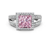 White gold Fancy Pink Princess Cut Diamond Halo Ring with Split Shank Pavé Band and Four-Prong Setting