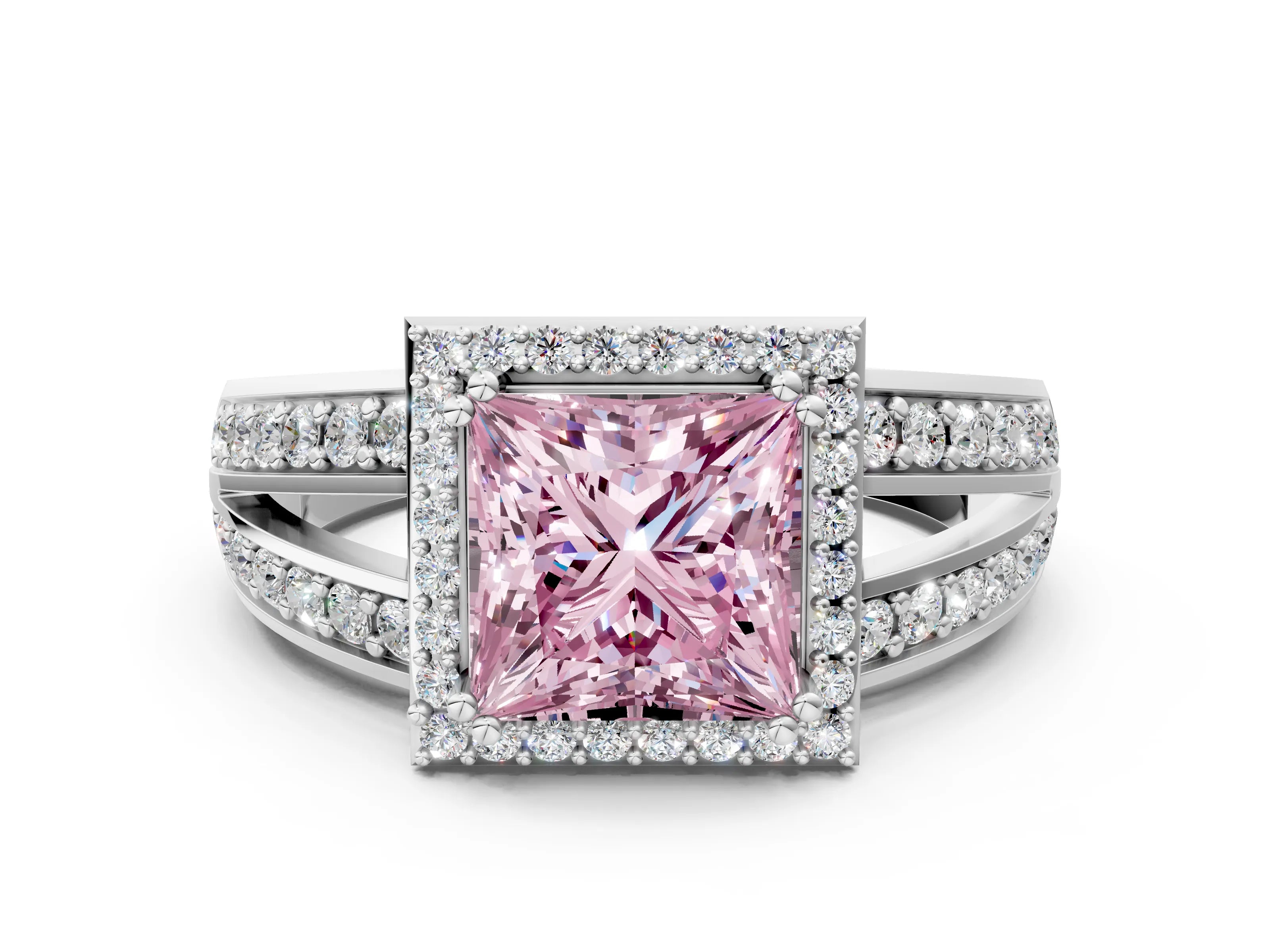 White gold Fancy Pink Princess Cut Diamond Halo Ring with Split Shank Pavé Band and Four-Prong Setting_12