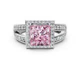 White gold Fancy Pink Princess Cut Diamond Halo Ring with Split Shank Pavé Band and Four-Prong Setting_12