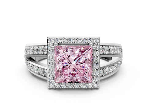 White gold Fancy Pink Princess Cut Diamond Halo Ring with Split Shank Pavé Band and Four-Prong Setting_12