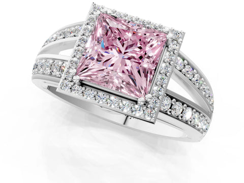 White gold Fancy Pink Princess Cut Diamond Halo Ring with Split Shank Pavé Band and Four-Prong Setting_13