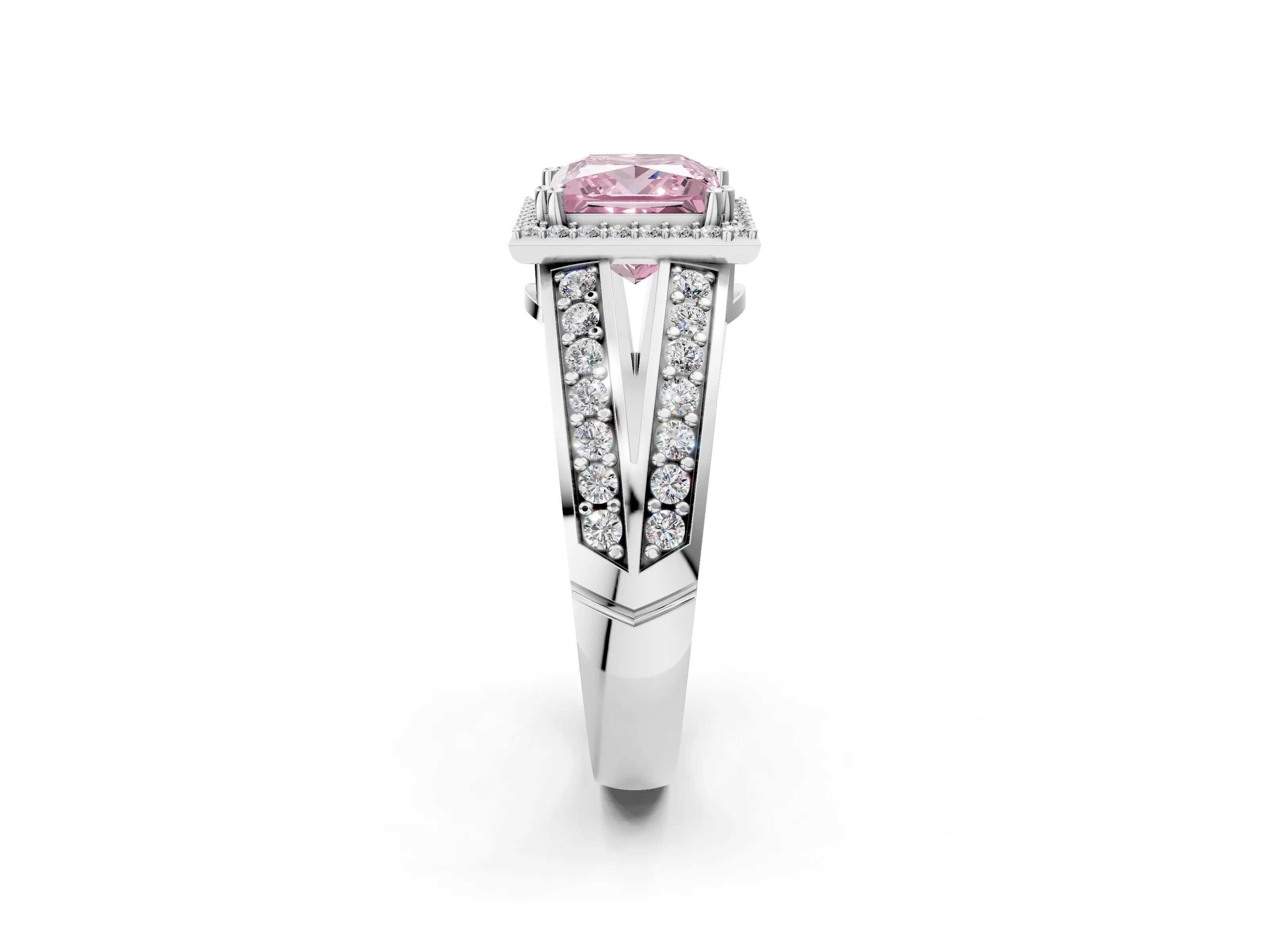 White gold Fancy Pink Princess Cut Diamond Halo Ring with Split Shank Pavé Band and Four-Prong Setting_14