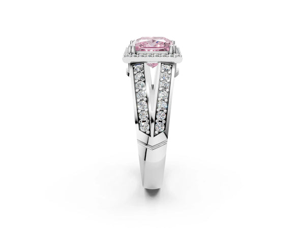 White gold Fancy Pink Princess Cut Diamond Halo Ring with Split Shank Pavé Band and Four-Prong Setting