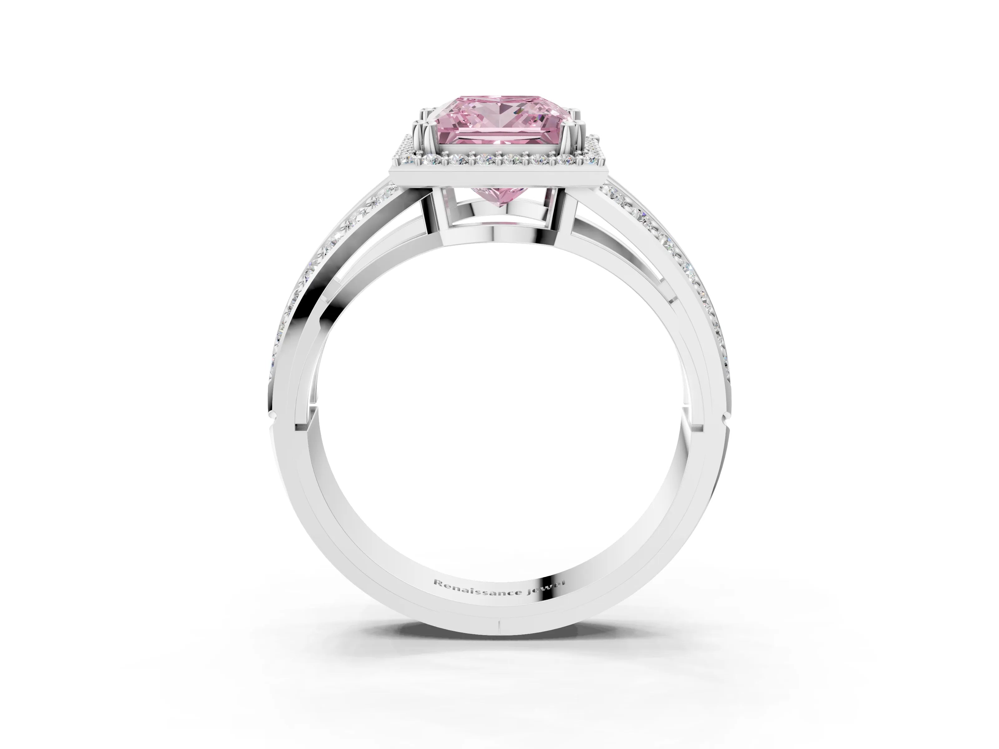 White gold Fancy Pink Princess Cut Diamond Halo Ring with Split Shank Pavé Band and Four-Prong Setting_15