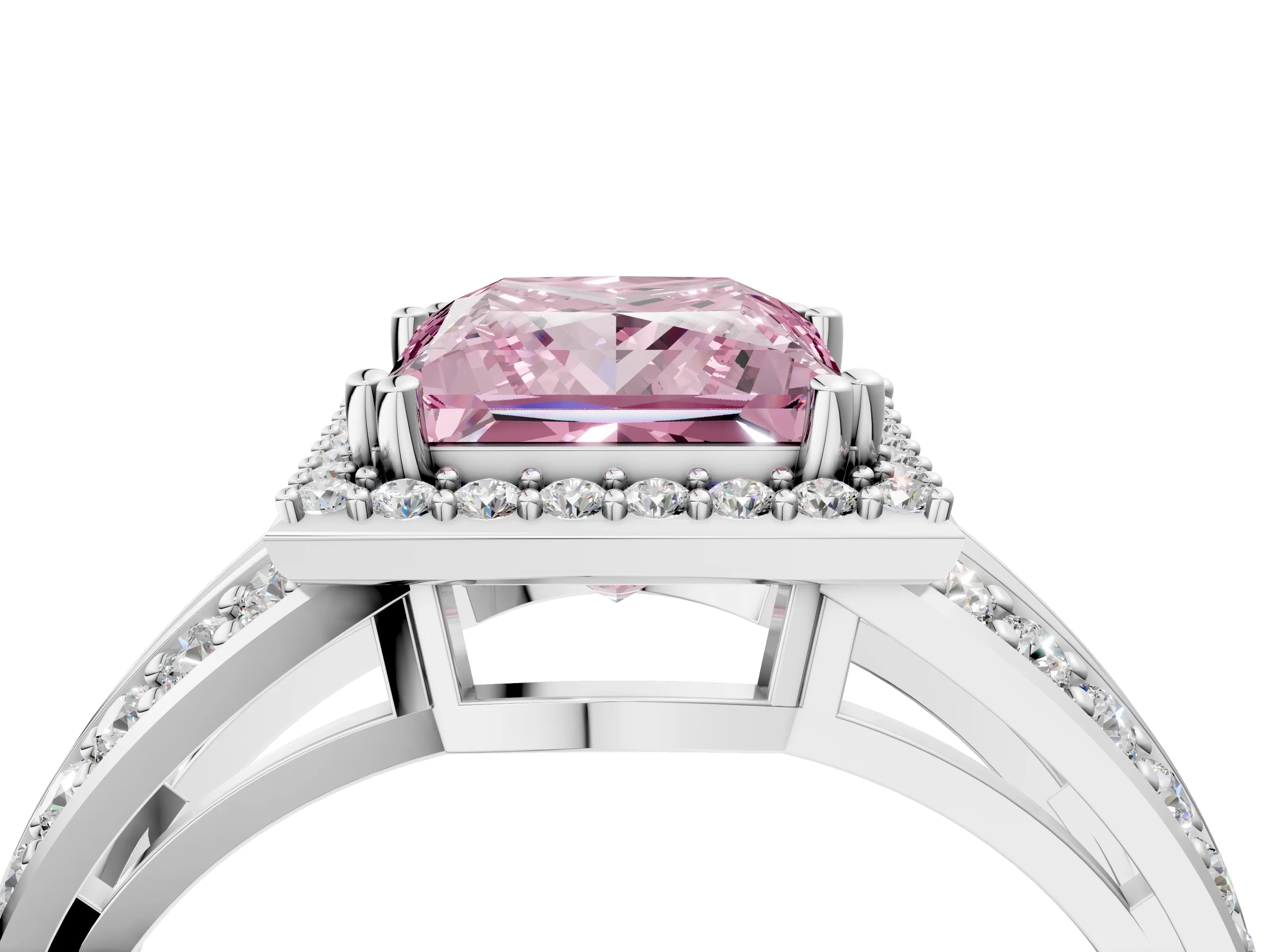 White gold Fancy Pink Princess Cut Diamond Halo Ring with Split Shank Pavé Band and Four-Prong Setting_16