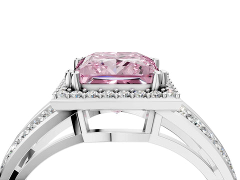 White gold Fancy Pink Princess Cut Diamond Halo Ring with Split Shank Pavé Band and Four-Prong Setting_16