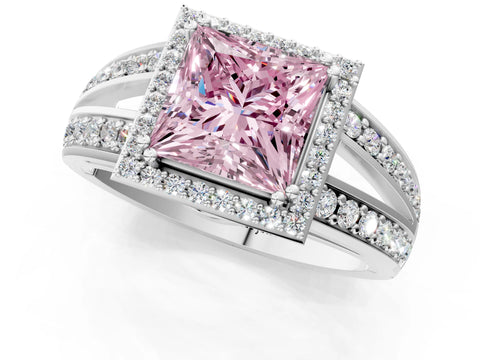 White gold Fancy Pink Princess Cut Diamond Halo Ring with Split Shank Pavé Band and Four-Prong Setting_1