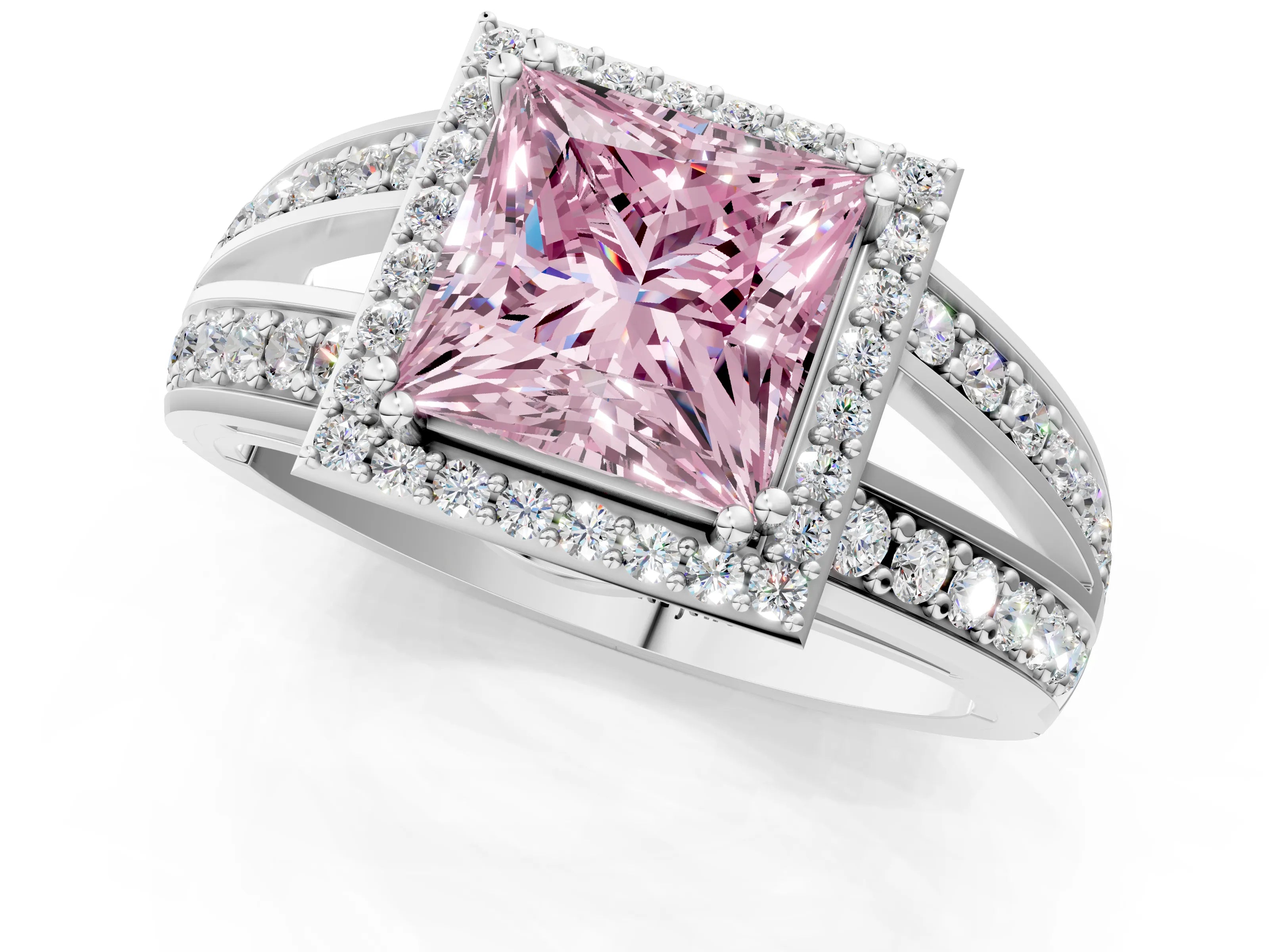 White gold Fancy Pink Princess Cut Diamond Halo Ring with Split Shank Pavé Band and Four-Prong Setting_1