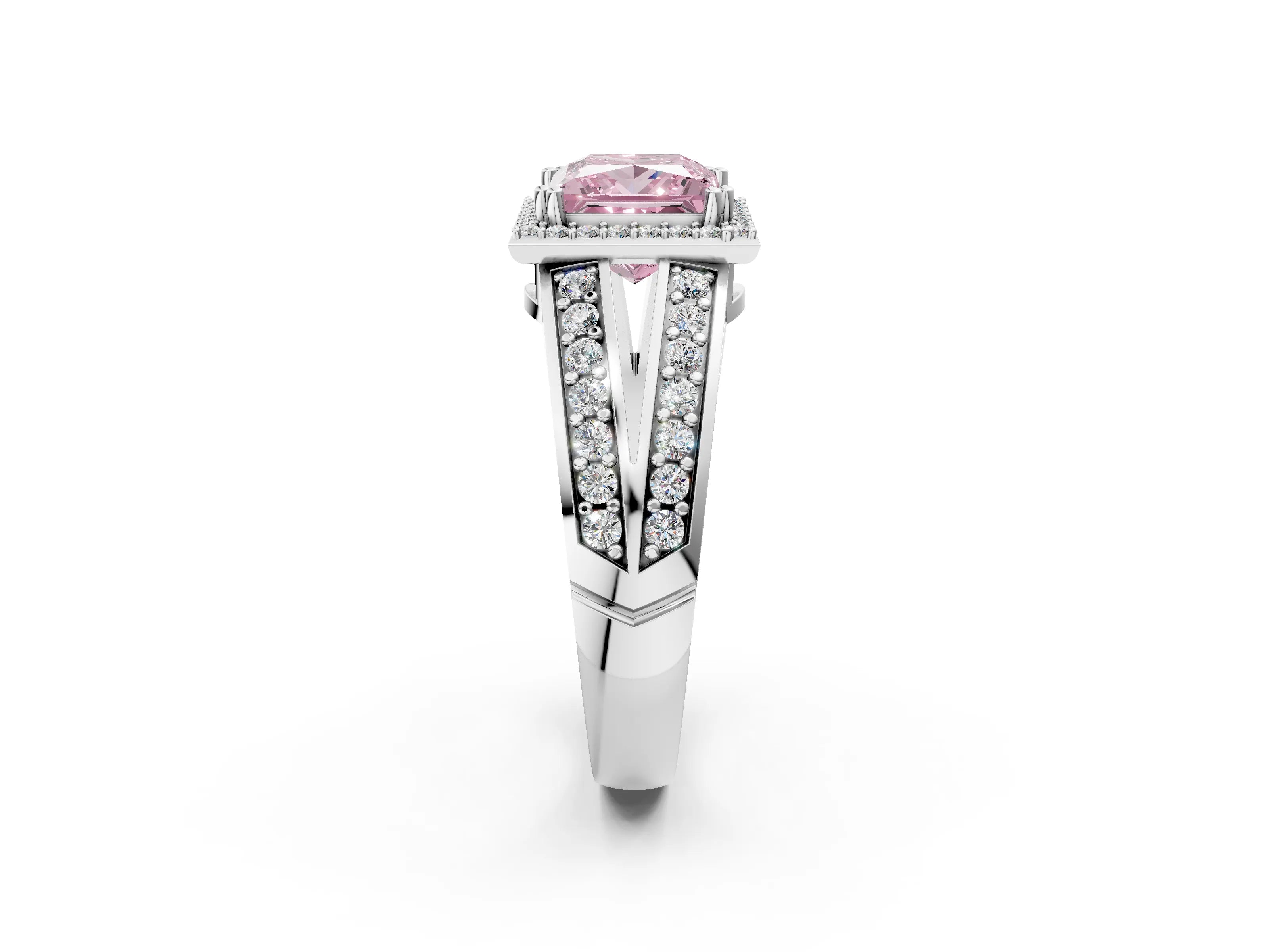 White gold Fancy Pink Princess Cut Diamond Halo Ring with Split Shank Pavé Band and Four-Prong Setting_2