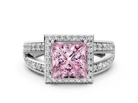 White gold Fancy Pink Princess Cut Diamond Halo Ring with Split Shank Pavé Band and Four-Prong Setting