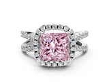 White gold Fancy Pink Princess Cut Diamond Halo Ring with Split Shank Pavé Band and Prong Setting_34