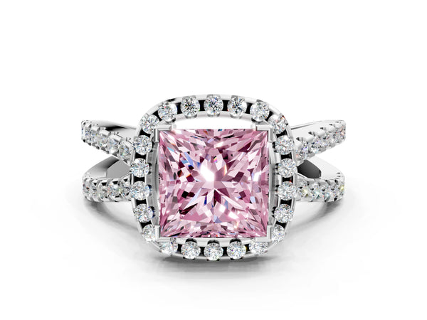 Platinum Fancy Pink Princess Cut Diamond Halo Ring with Split Shank Pavé Band and Prong Setting