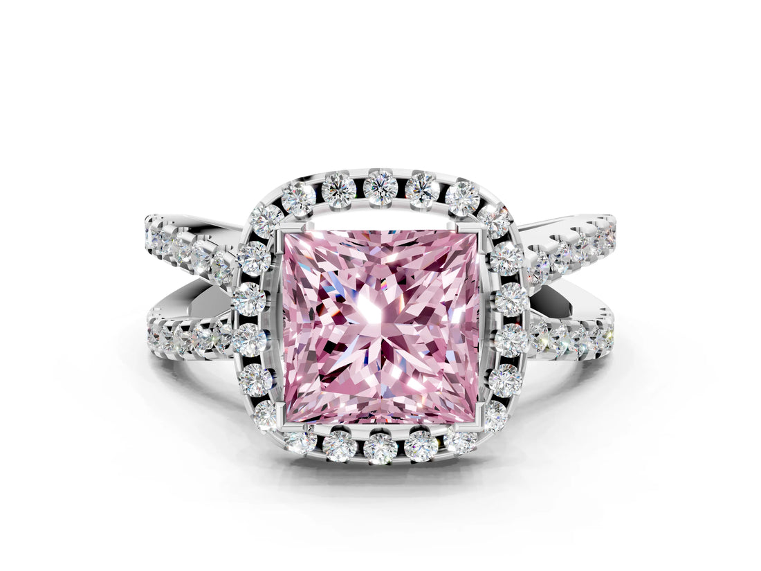 White gold Fancy Pink Princess Cut Diamond Halo Ring with Split Shank Pavé Band and Prong Setting_34