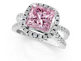White gold Fancy Pink Princess Cut Diamond Halo Ring with Split Shank Pavé Band and Prong Setting_35