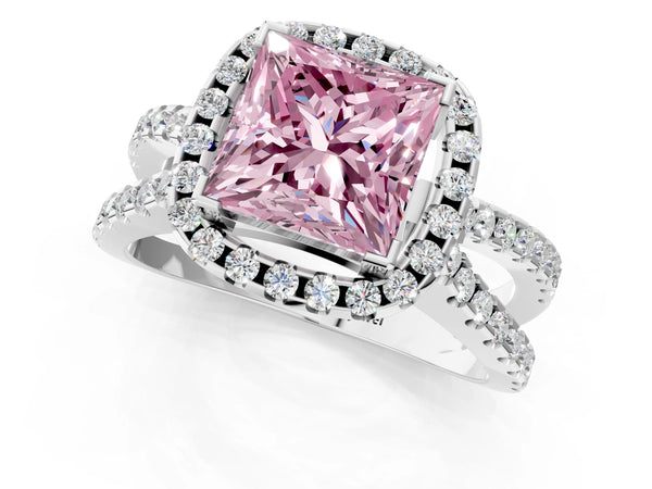 Platinum Fancy Pink Princess Cut Diamond Halo Ring with Split Shank Pavé Band and Prong Setting