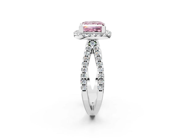Platinum Fancy Pink Princess Cut Diamond Halo Ring with Split Shank Pavé Band and Prong Setting